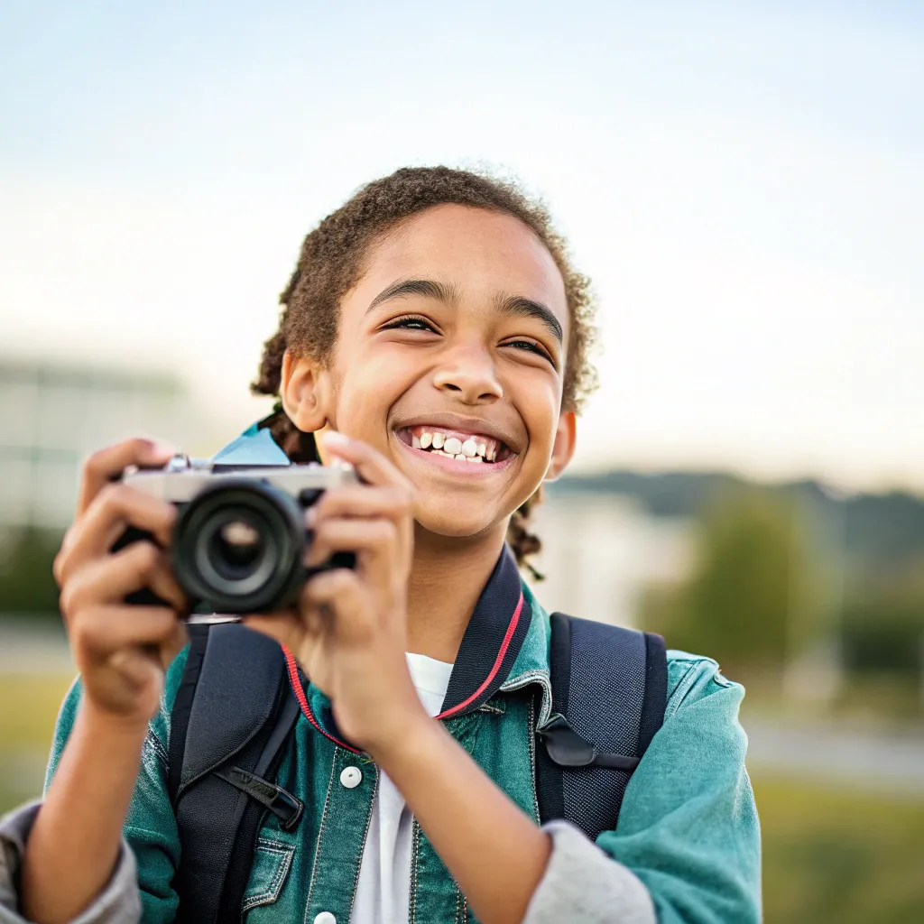Smiling student with a camera